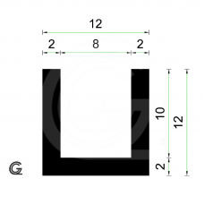 Rubber U Profile | inside size 8 mm | height 12 mm | thickness 2 mm | Per Meter